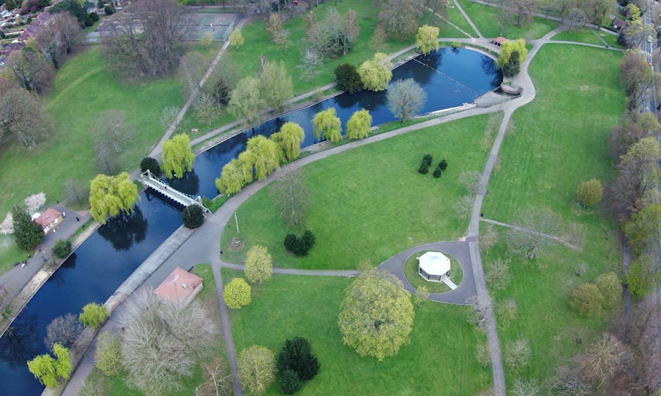 A sunlit park with a paved pathway curving through well-maintained grassy areas on either side. There are several rounded, neatly trimmed trees along the path, casting gentle shadows on the lawn. In t